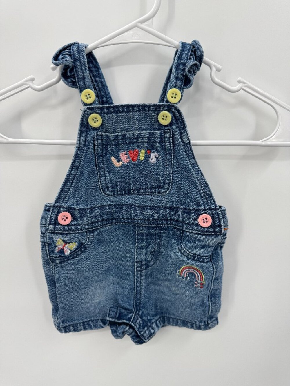 Levi's Baby Girls Denim Shortalls Overalls Size 6M Embroidered Ruffle Rainbow